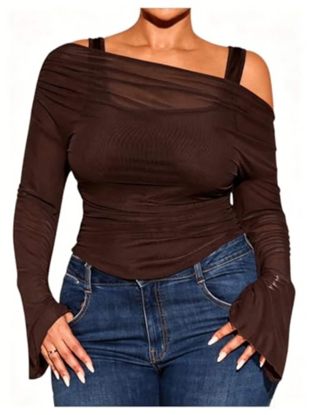 Plus Size 2-in-1 Off Shoulder Top Sheer Bell Long Sleeve Tee in Brown